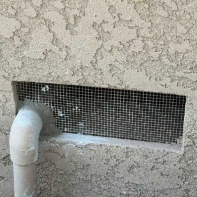 Exterior wall vent screened with mesh and PVC penetration sealed against rodents