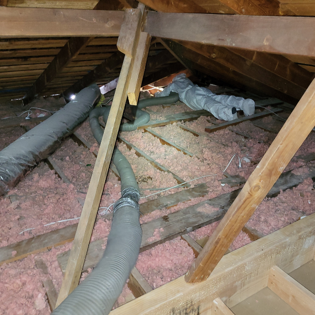 Dirty and damaged attic insulation before removal