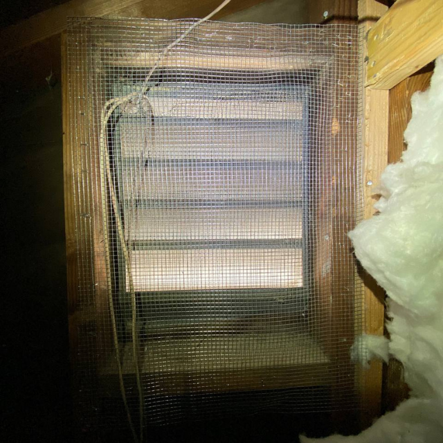 Same attic vent after chew-resistant hardware cloth is installed for exclusion