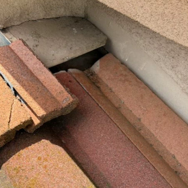 Terracotta tile roof with an open gap along the wall where rodents could enter
